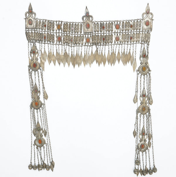 Antique Turkoman head dress ornament silver, cornelian, 46 x 59 cms